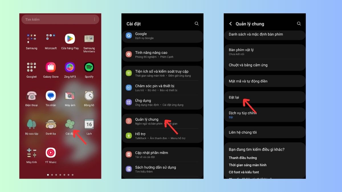 Truy cập vào phần Đặt lại trong Quản lý