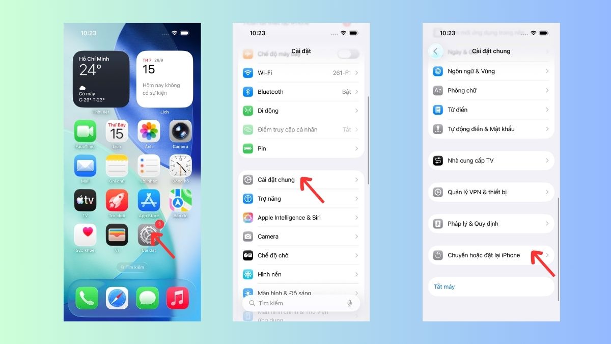 Truy cập vào phần Chuyển hoặc đặt lại iPhone trong Cài đặt