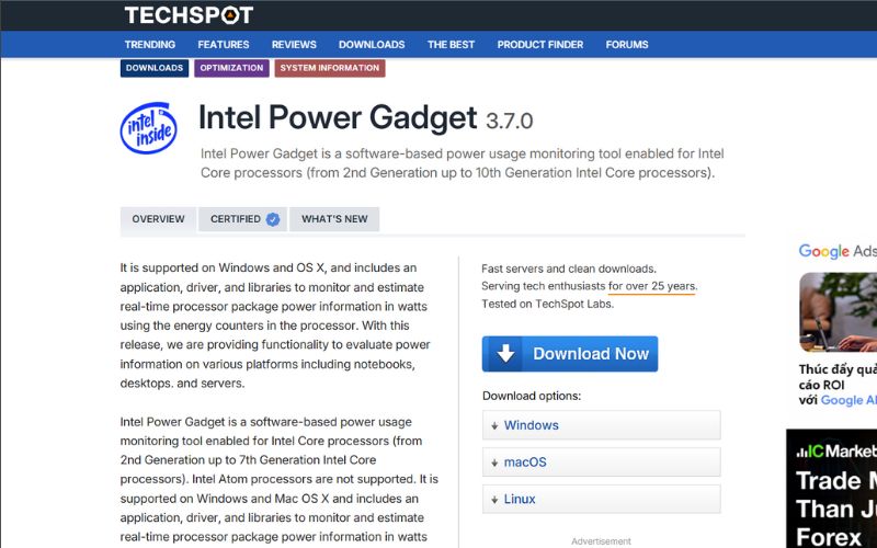 Kiểm tra bằng phần mềm Intel Power Gadget - bước 1