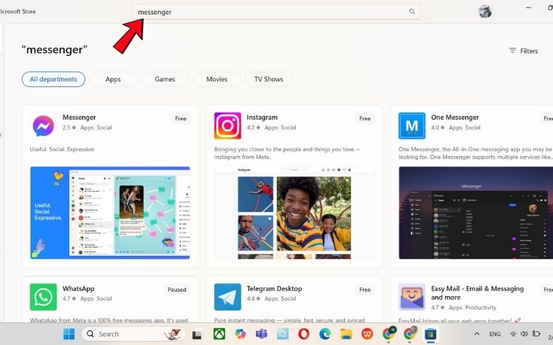 Tại thanh tìm kiếm trong ứng dụng Microsoft Store, gõ từ khóa "Messenger"