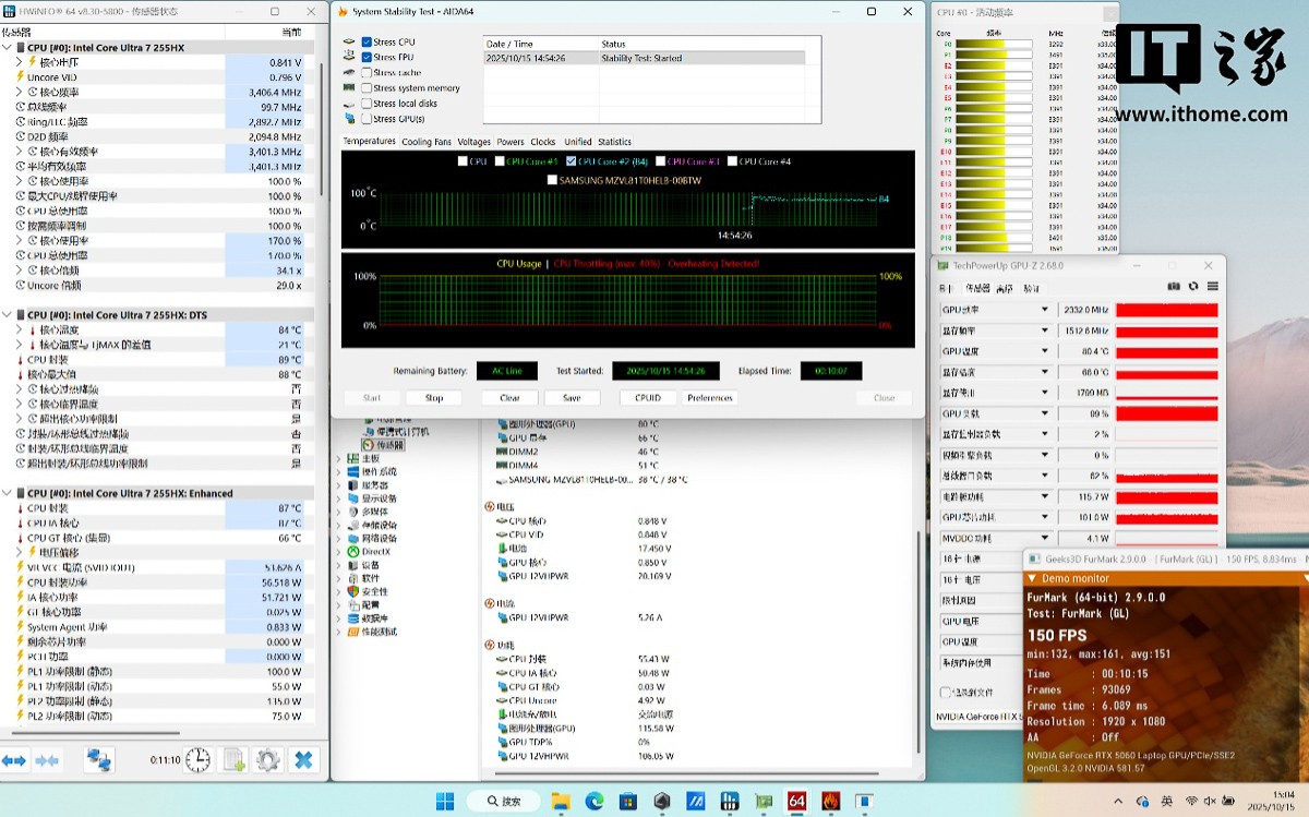 Chạy cùng lúc 2 phần mềm benchmark là AIDA64 và Furmark