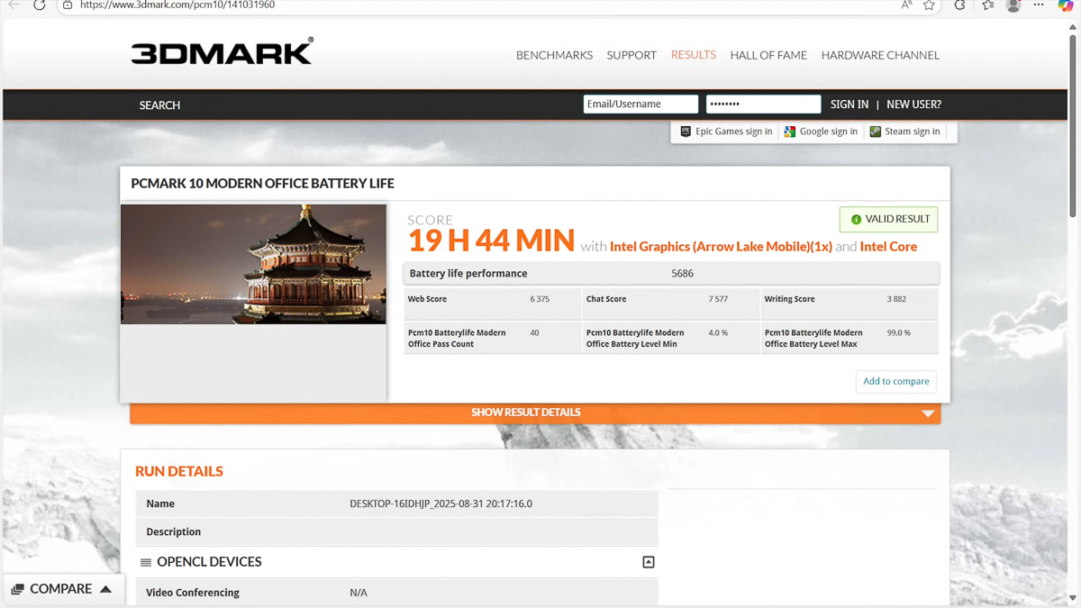 Thời lượng pin khi test làm các tác vụ văn phòng liên tục