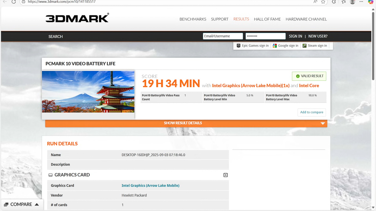 Thời lượng pin khi test phát video liên tục