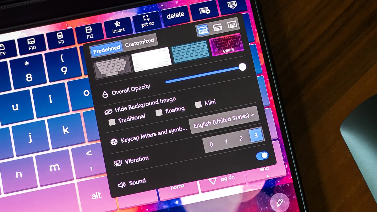 Menu cài đặt giao diện, các thông số và kích thước của touchpad - bàn phím đa dạng và chuyên sâu