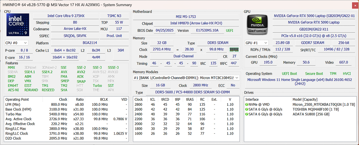 Bảng thông số cấu hình hệ thống MSI Vector 17 HX AI