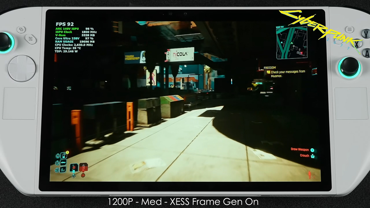 Cyberpunk 2077 độ phân giải 1200p (Full HD+), Medium setting, XeSS (Xe Super Sampling) Frame Generation