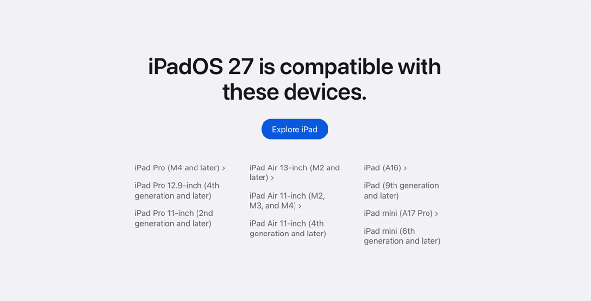 Apple đã công bố danh sách iPad được cập nhật iPadOS 27 với Siri và Apple Intelligence mới