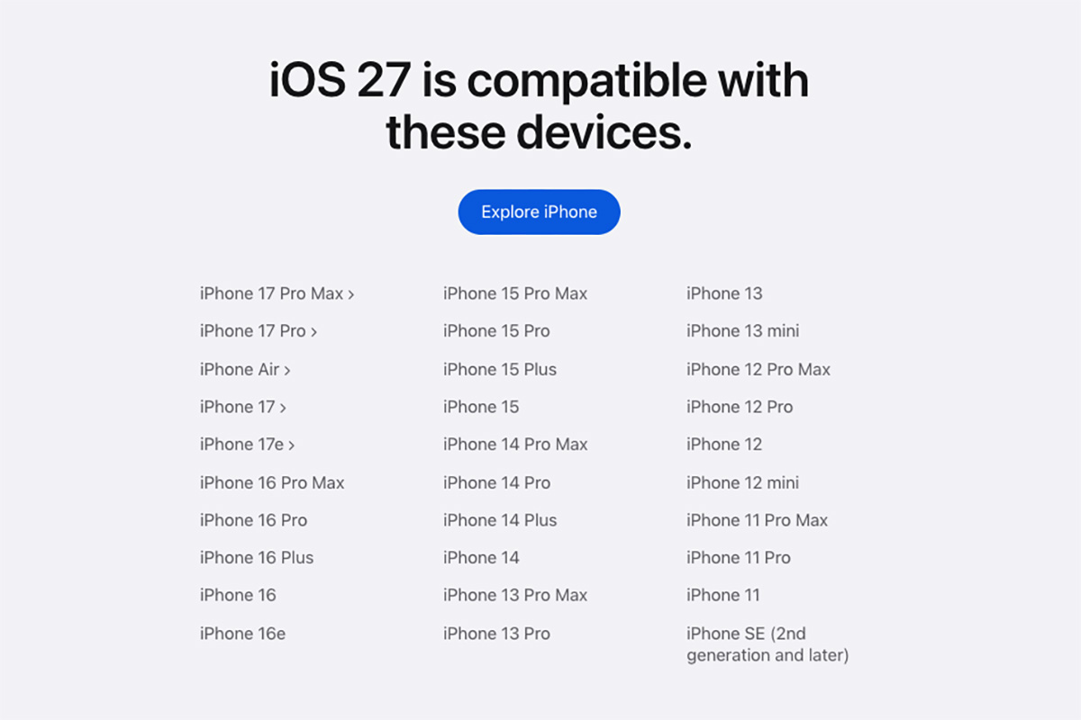 Danh sách thiết bị có thể nâng cấp lên iOS 27 được Apple công bố trên trang web