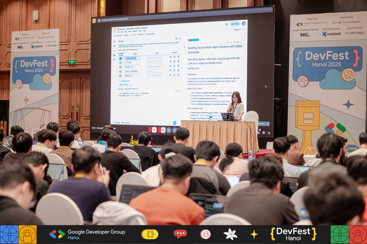 Chị Nguyễn Khánh Linh - GDE lĩnh vực AI/ML dẫn dắt phiên Codelab: Building Secure Multi-Agent Systems: Safety Guardrails Against Jailbreaks with Google ADK