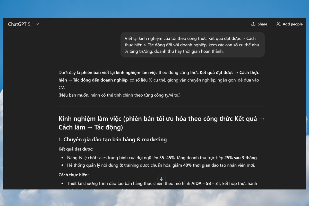 Trình bày kinh nghiệm làm việc theo kết quả thực tế
