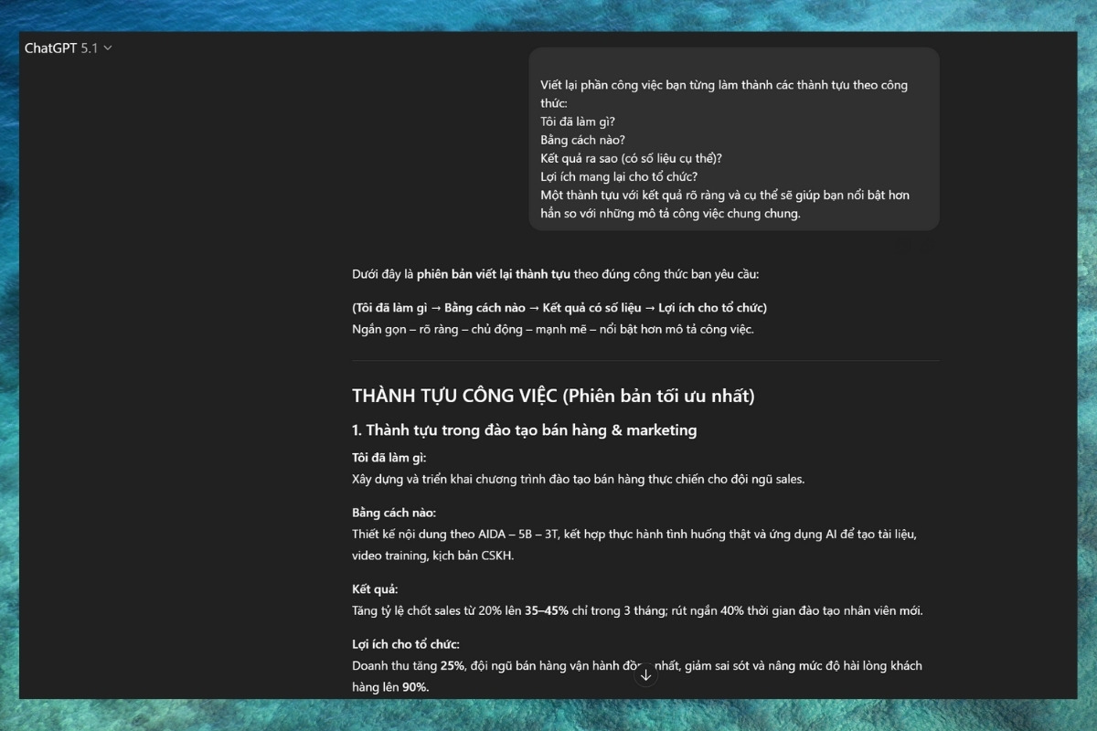 Viết phần thành tựu nổi bật và có số liệu đo lường