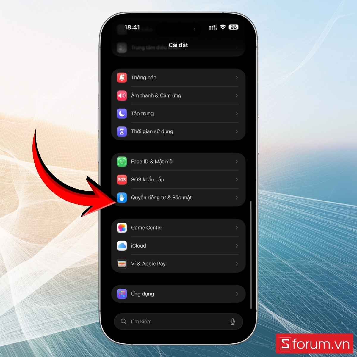 Truy cập vào Cài đặt và chọn tiếp vào mục Quyền riêng tư Bảo mật