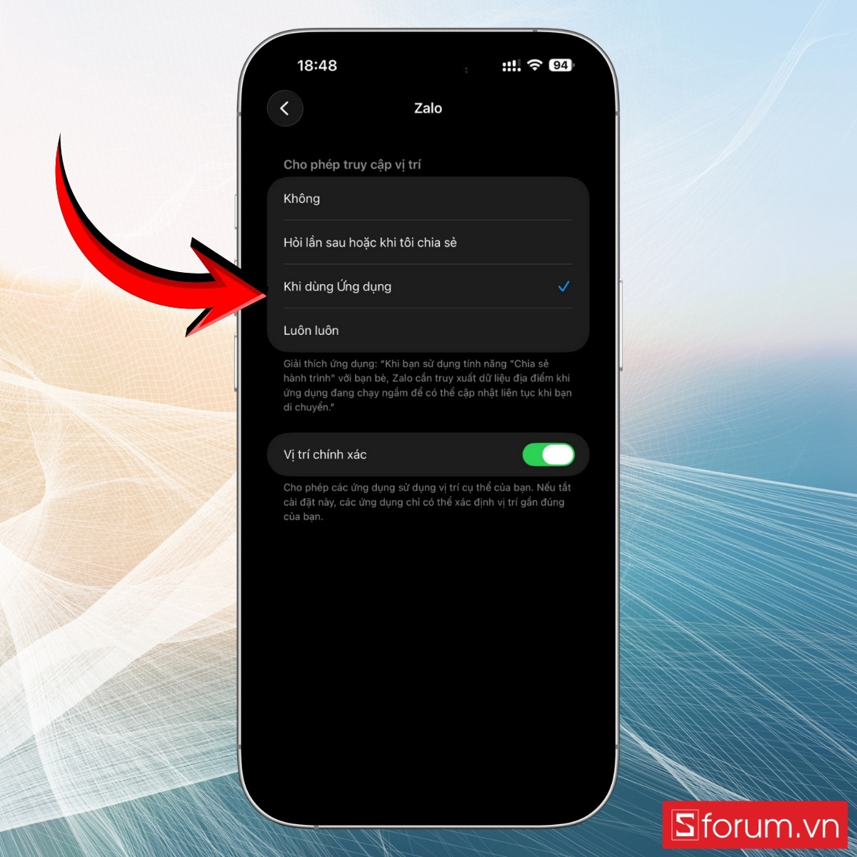 Chọn quyền Khi dùng ứng dụng