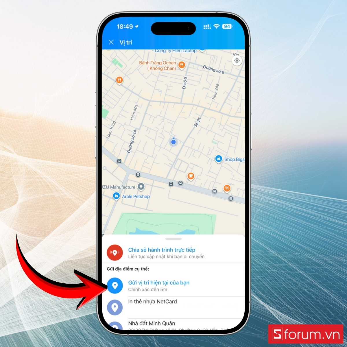 Gửi vị trí hiện tại hoặc Chia sẻ hành trình trực tiếp