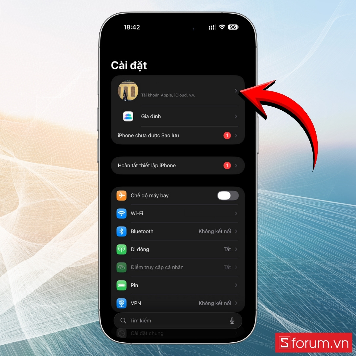 Chọn vào Tài khoản iCloud
