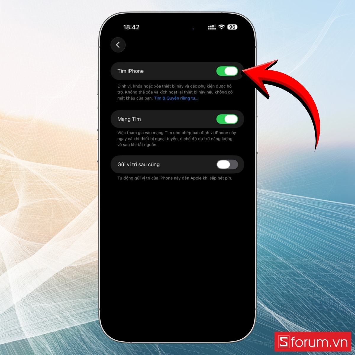 Bật các tùy chọn Tìm iPhone