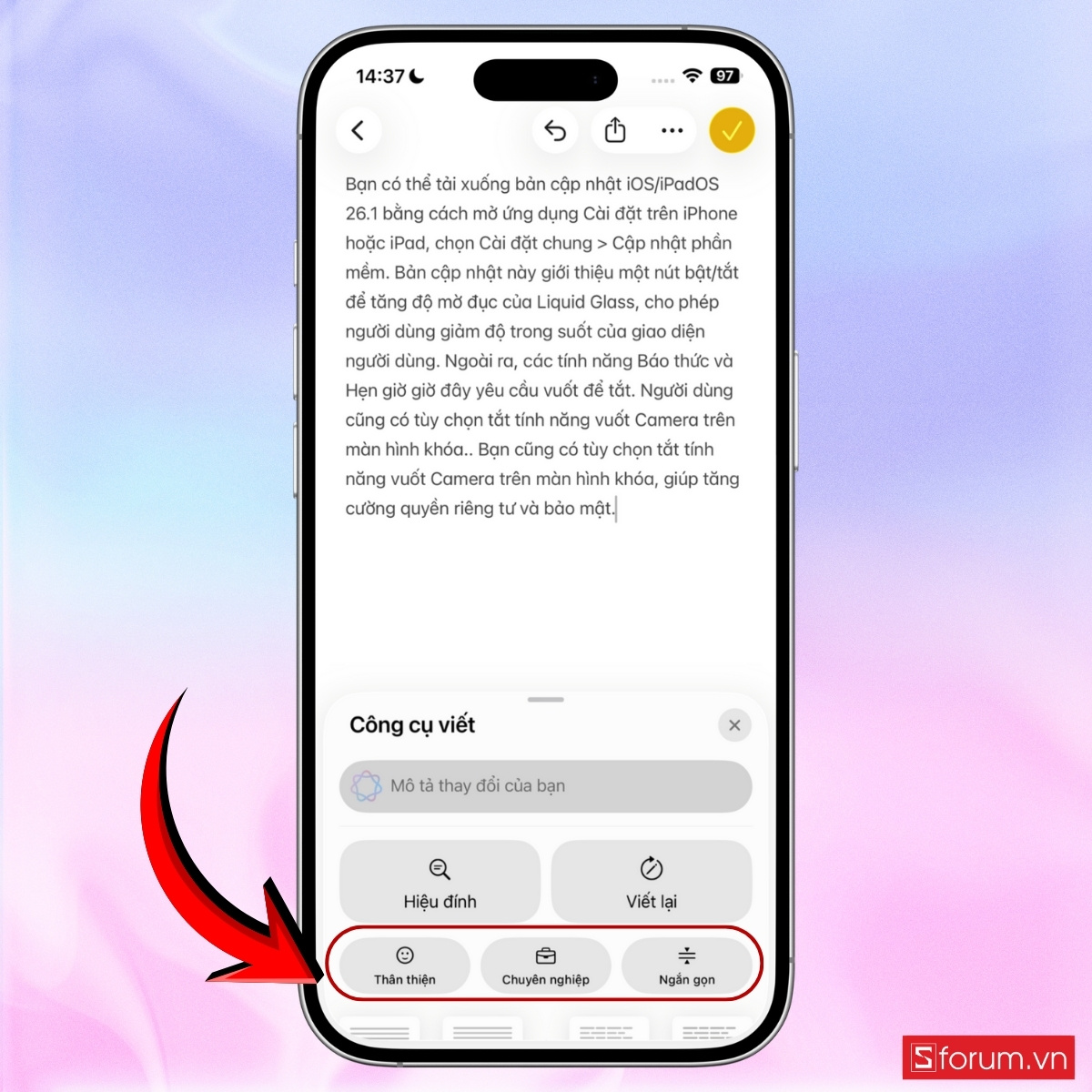Các cách sử dụng Công cụ viết trên iOS 26.1 bước 10