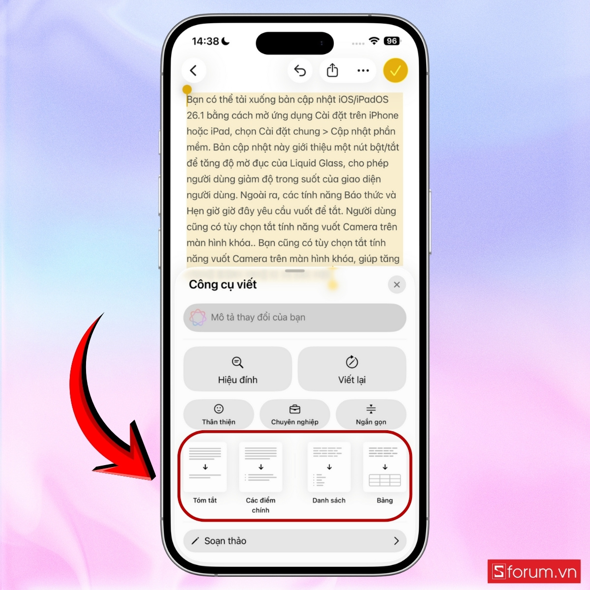 Các cách sử dụng Công cụ viết trên iOS 26.1 bước 15