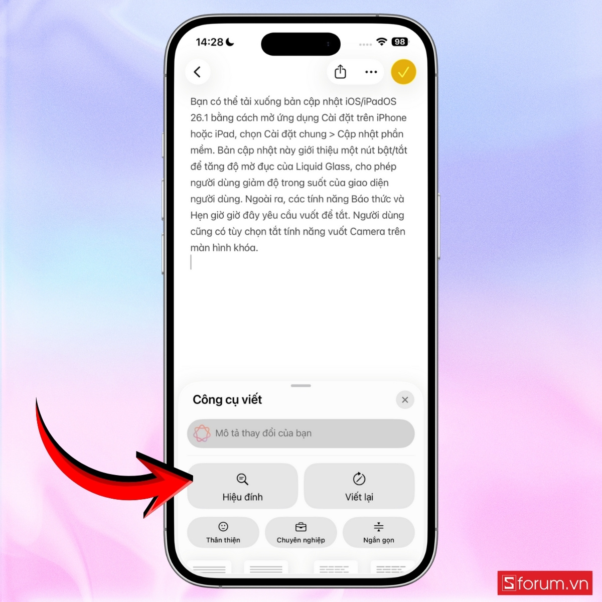 Các cách sử dụng Công cụ viết trên iOS 26.1 bước 3