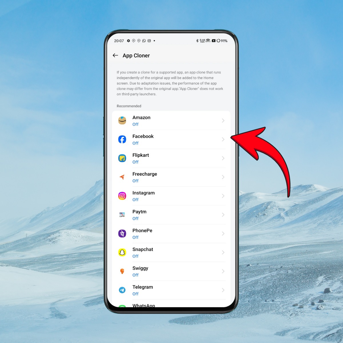 Gạt công tắc để bật chức năng nhân bản cho ứng dụng bạn chọn