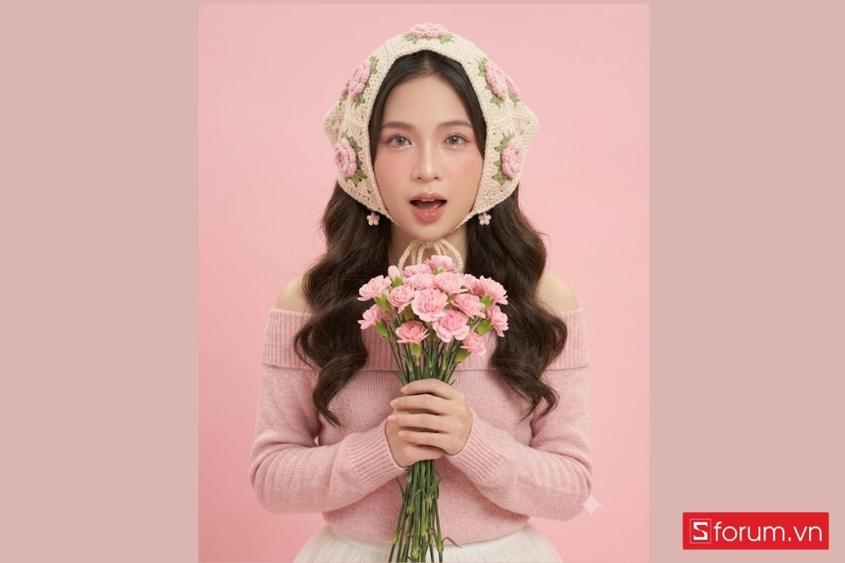 Prompt tạo ảnh chính diện cầm hoa
