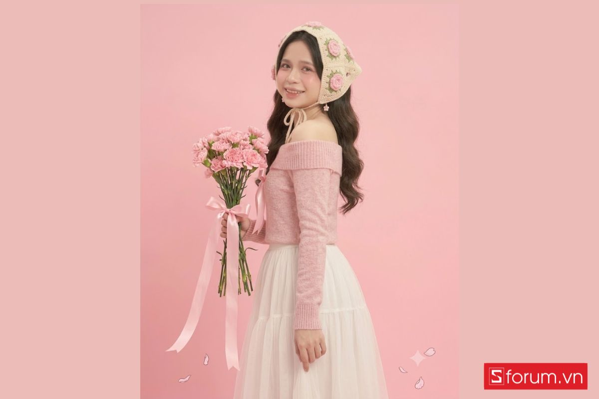 Prompt tạo ảnh đứng nghiêng ôm hoa