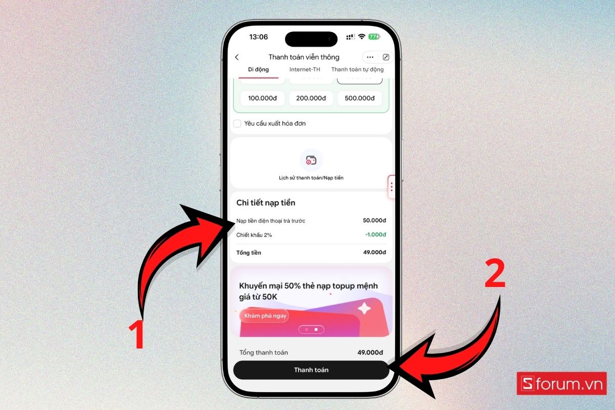 Cách nạp thẻ tặng 50% giá trị thẻ nạp trên Tammi bước 2