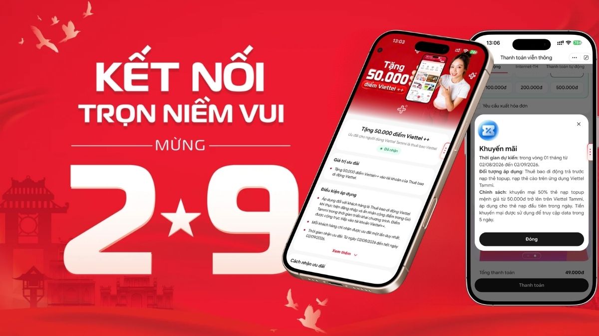 Ưu đãi Viettel 2/9: Tặng 50% giá trị thẻ nạp trên Tammi