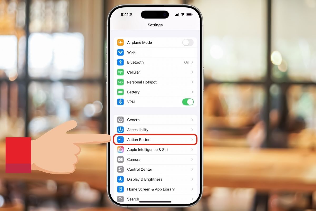 Kéo xuống và chọn mục Action Button