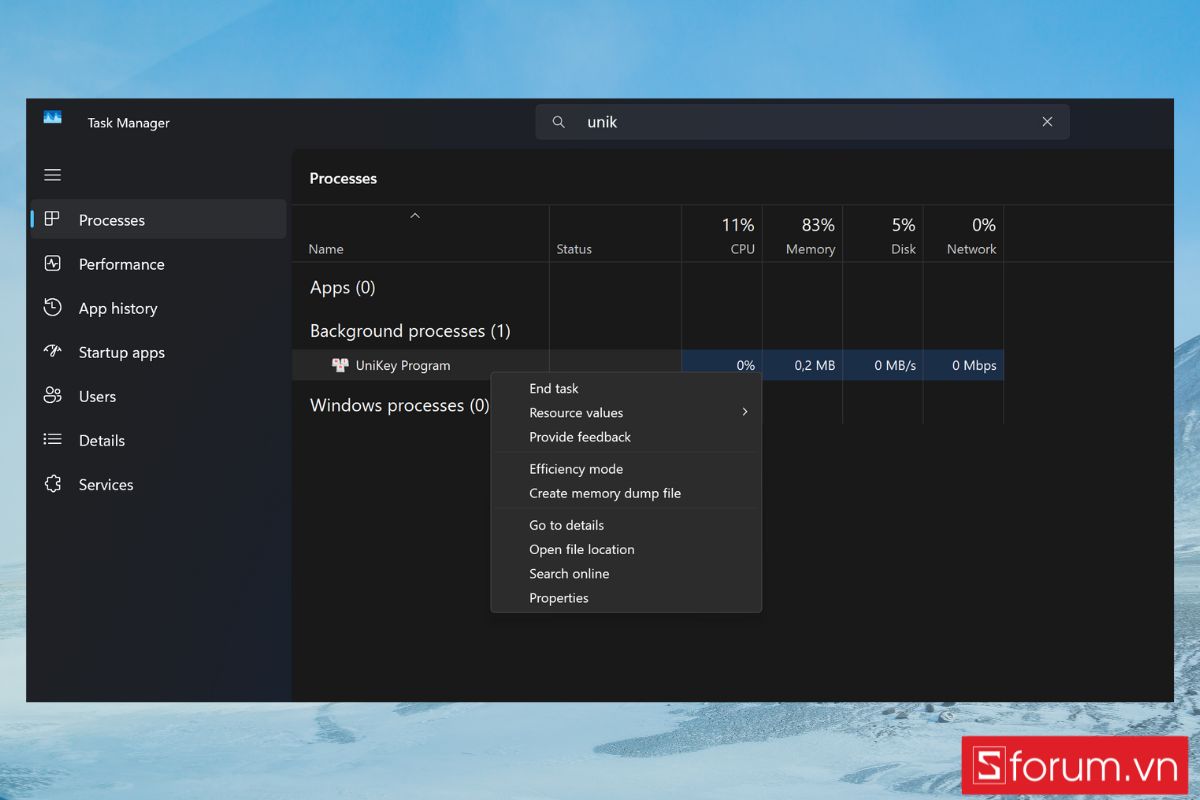 cách mặc định UniKey khi mở máy Win 11 bằng cách sử dụng task manager - bước 2