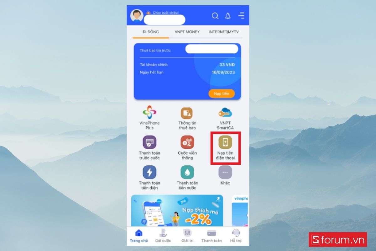 Chọn mục Nạp tiền