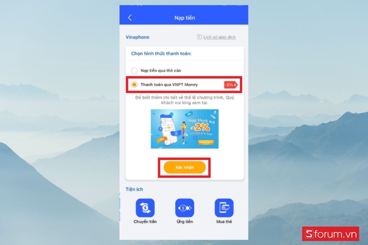 Chọn mệnh giá nạp và hình thức thanh toán