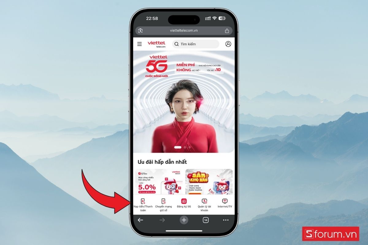 Tìm đến mục Nạp tiền/Thanh toán