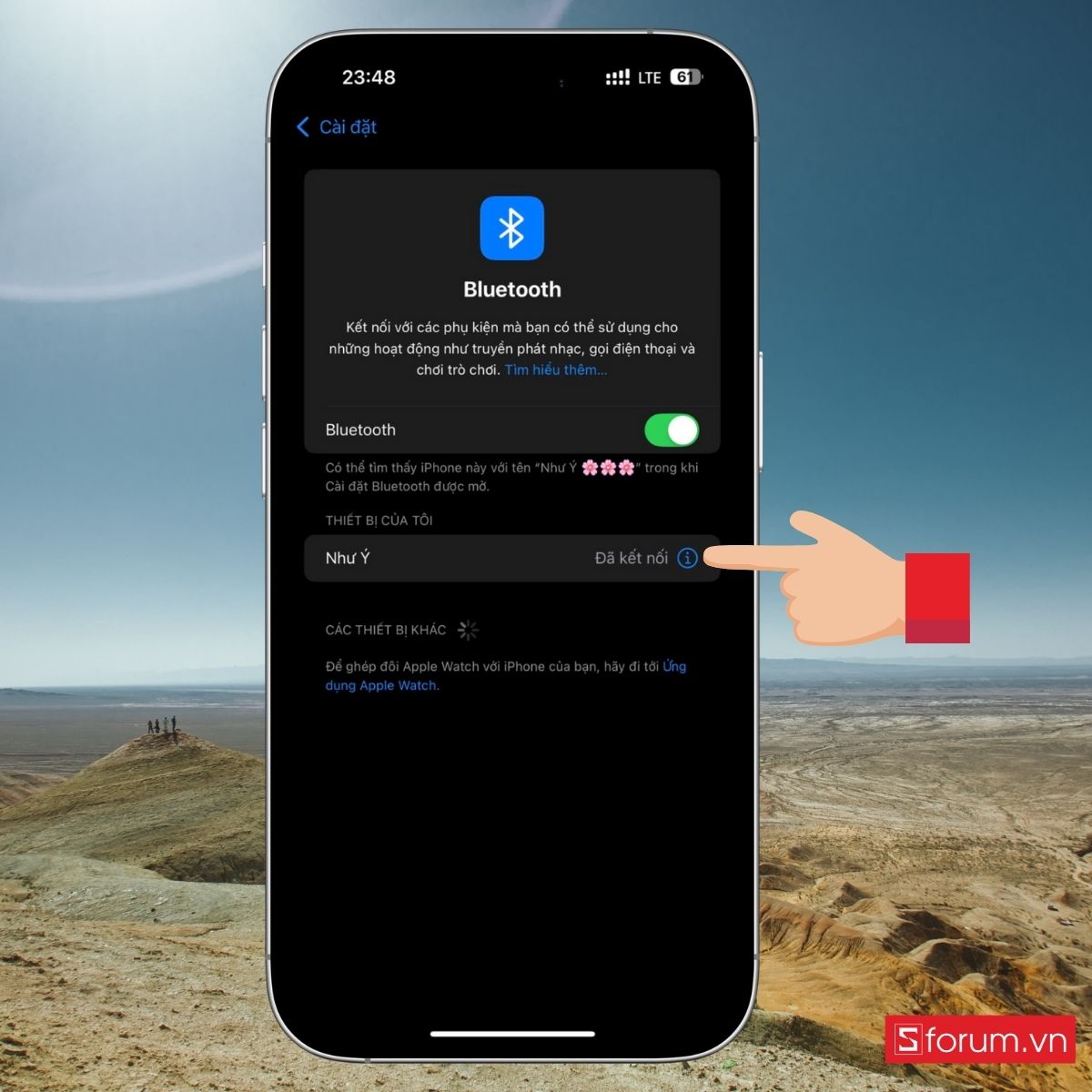 Hướng dẫn check IMEI AirPods qua Bluetooth: chọn biểu tượng thông tin bên cạnh tên AirPods
