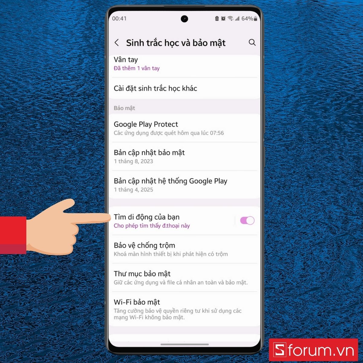 Hướng dẫn vào mục Find My Mobile Samsung từ cài đặt bảo mật trên điện thoại Samsung