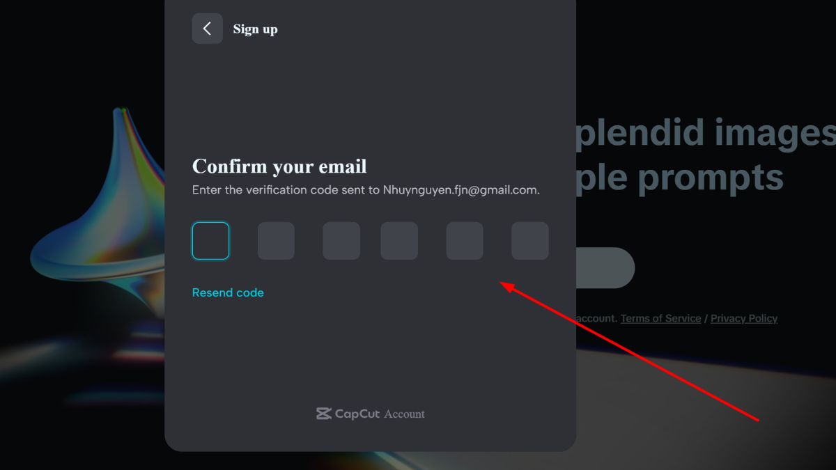 Kiểm tra email và điền mã xác nhận vào ô để kích hoạt tài khoản