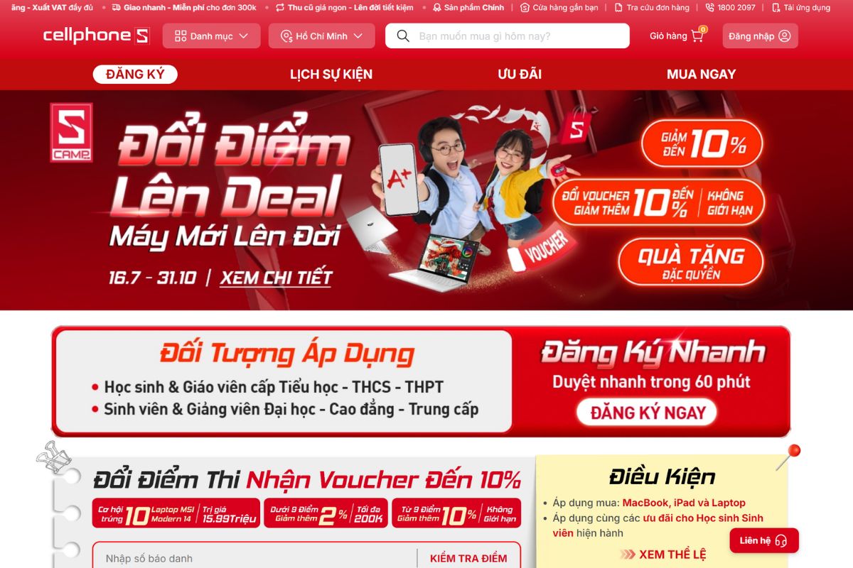 Hướng dẫn tra điểm thi, đổi điểm thi trực tiếp trên web CellphoneS nhanh & chính xác hình 1
