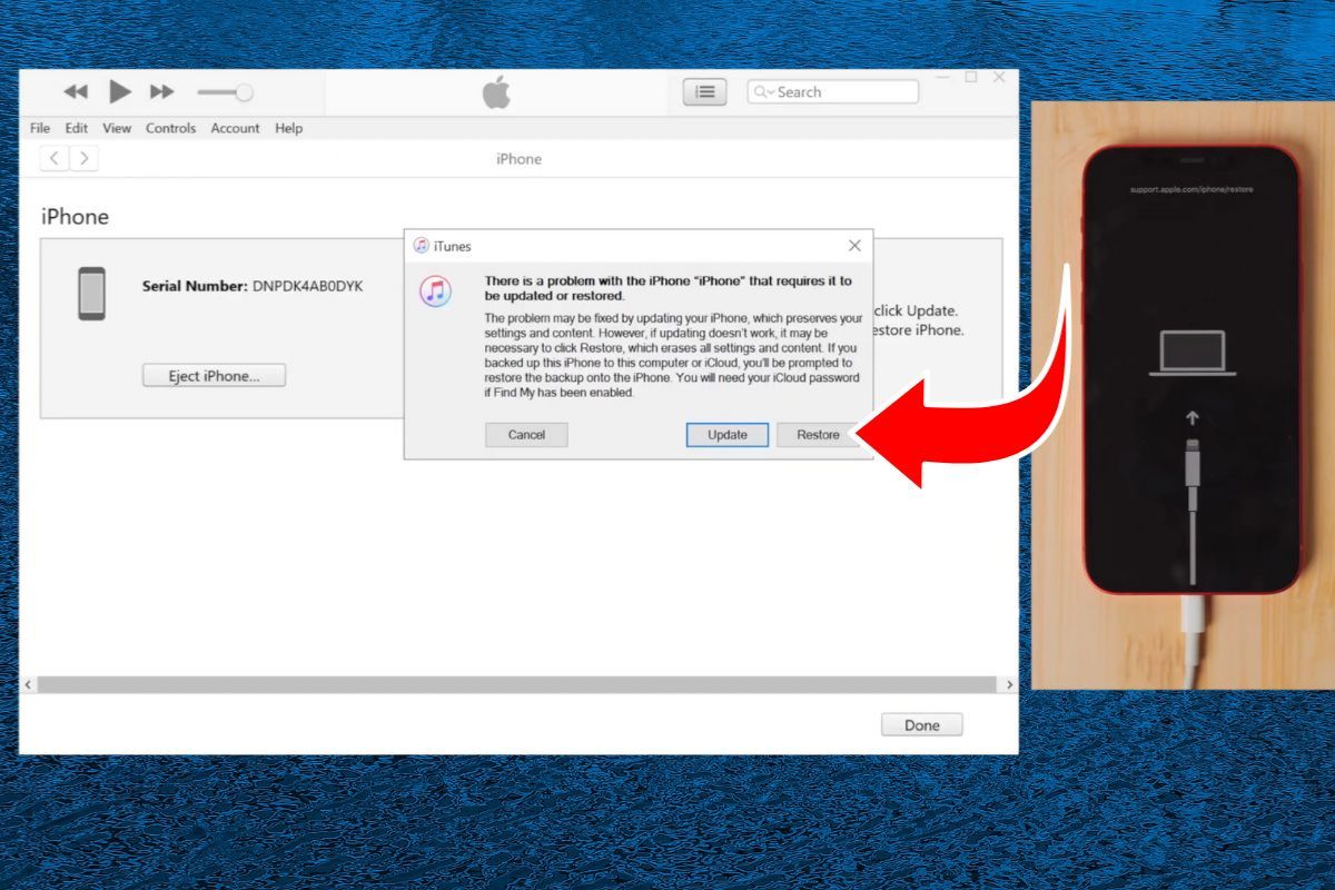 Chọn “Restore iPhone” để tiến hành cài đặt lại