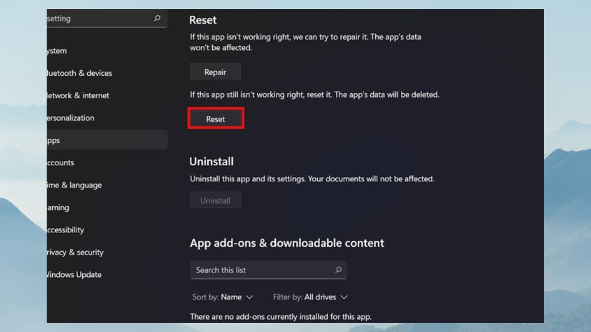 Cách sửa lỗi không mở được Windows Security Win 11 bằng cách sử dụng chức năng repair và reset - bước 3+