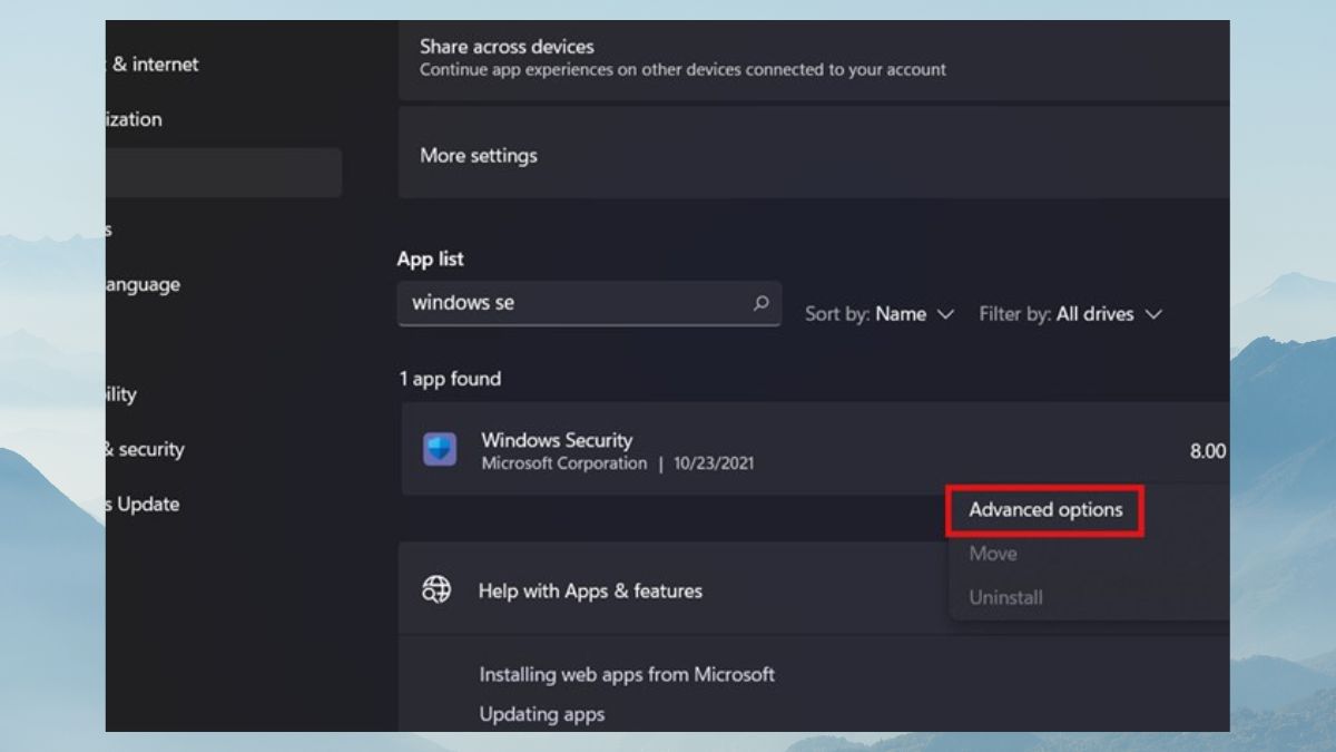 Cách sửa lỗi không mở được Windows Security Win 11 bằng cách sử dụng chức năng repair và reset - bước 2
