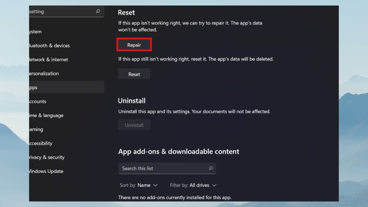 Cách sửa lỗi không mở được Windows Security Win 11 bằng cách sử dụng chức năng repair và reset - bước 3