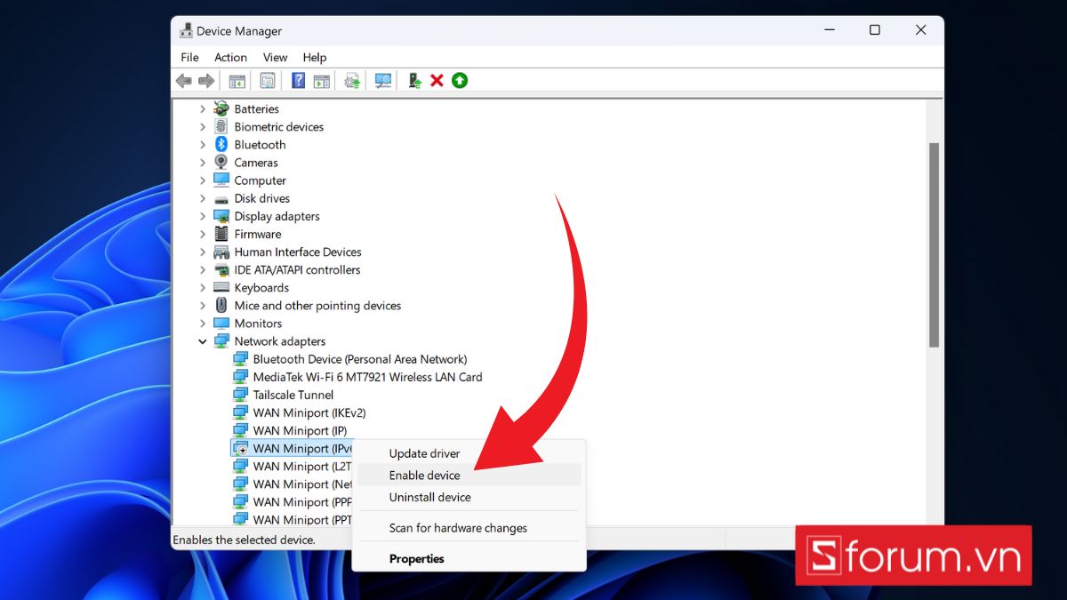 khắc phục laptop bị mất biểu tượng wifi win 11 bằng cách tắt và bật lại Network Adapter - bước 4