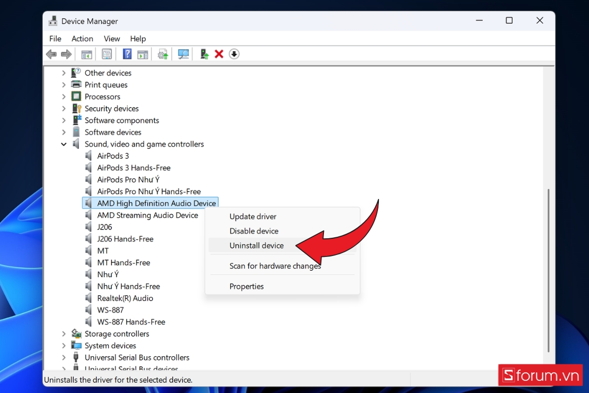 Xóa và cài đặt lại Sound Driver khắc phục laptop bị mất tiếng bước 3