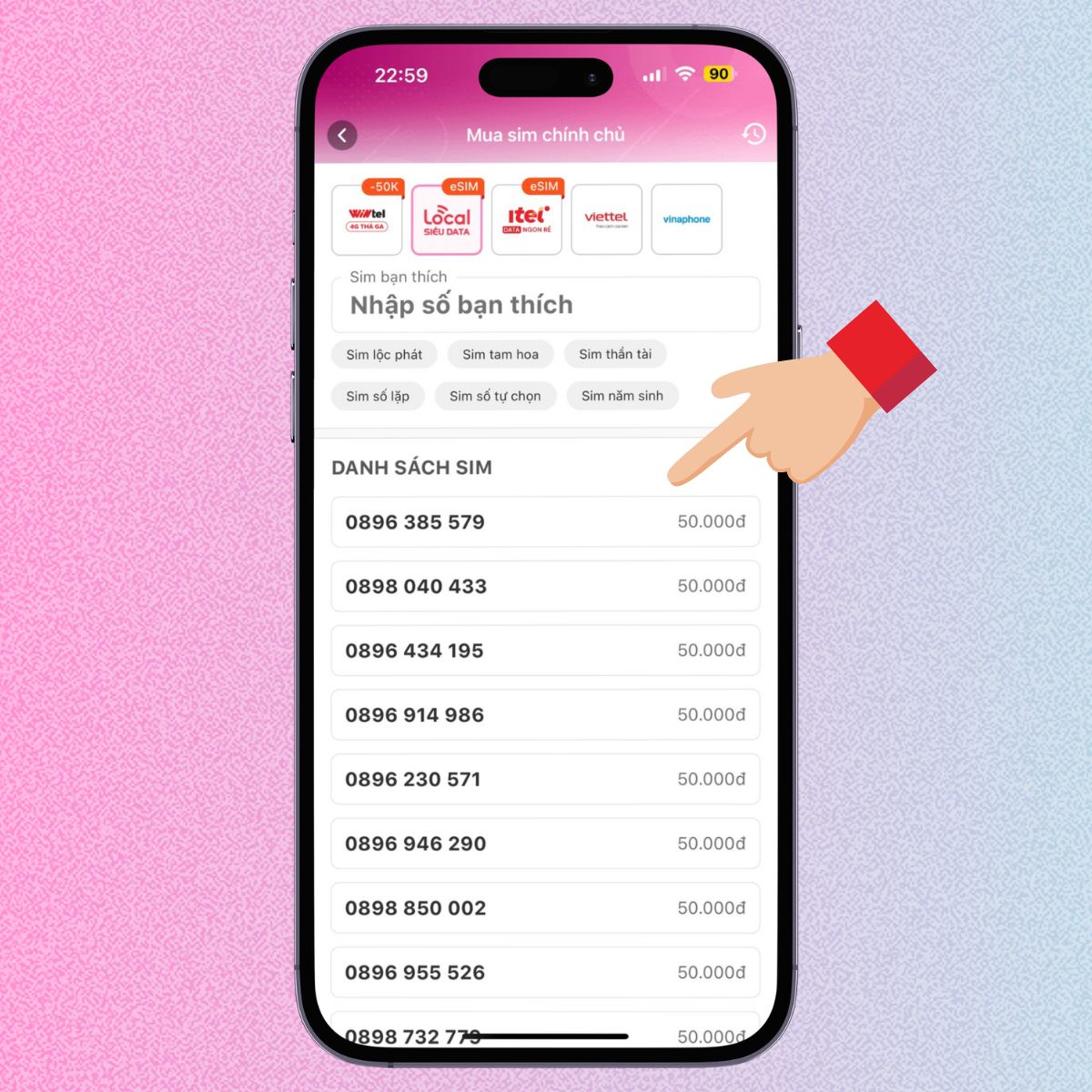 Chọn nhà mạng đang cung cấp eSIM trên MoMo