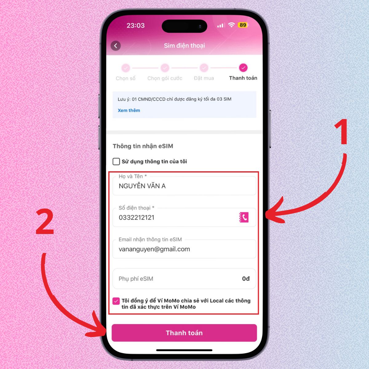 Điền Thông tin nhận sim như Họ và tên, số điện thoại, email