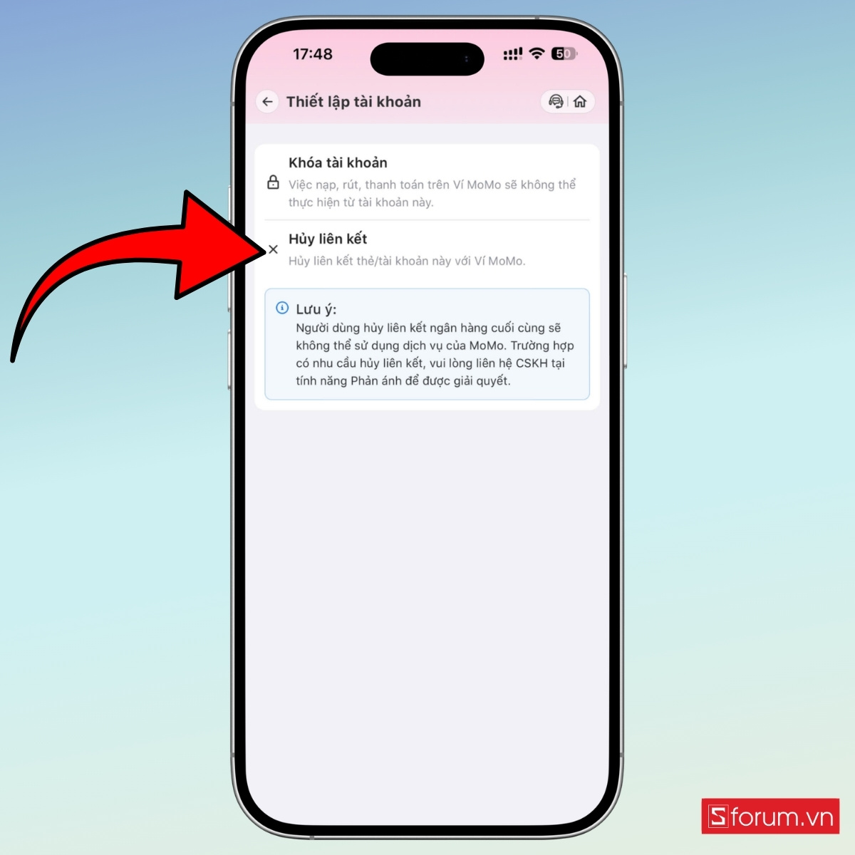 Cách huỷ liên kết MoMo với ngân hàng trực tiếp trên ứng dụng bước 6