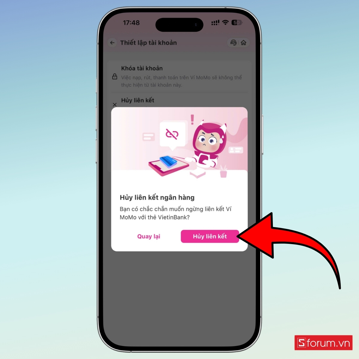 Cách huỷ liên kết MoMo với ngân hàng trực tiếp trên ứng dụng bước 7