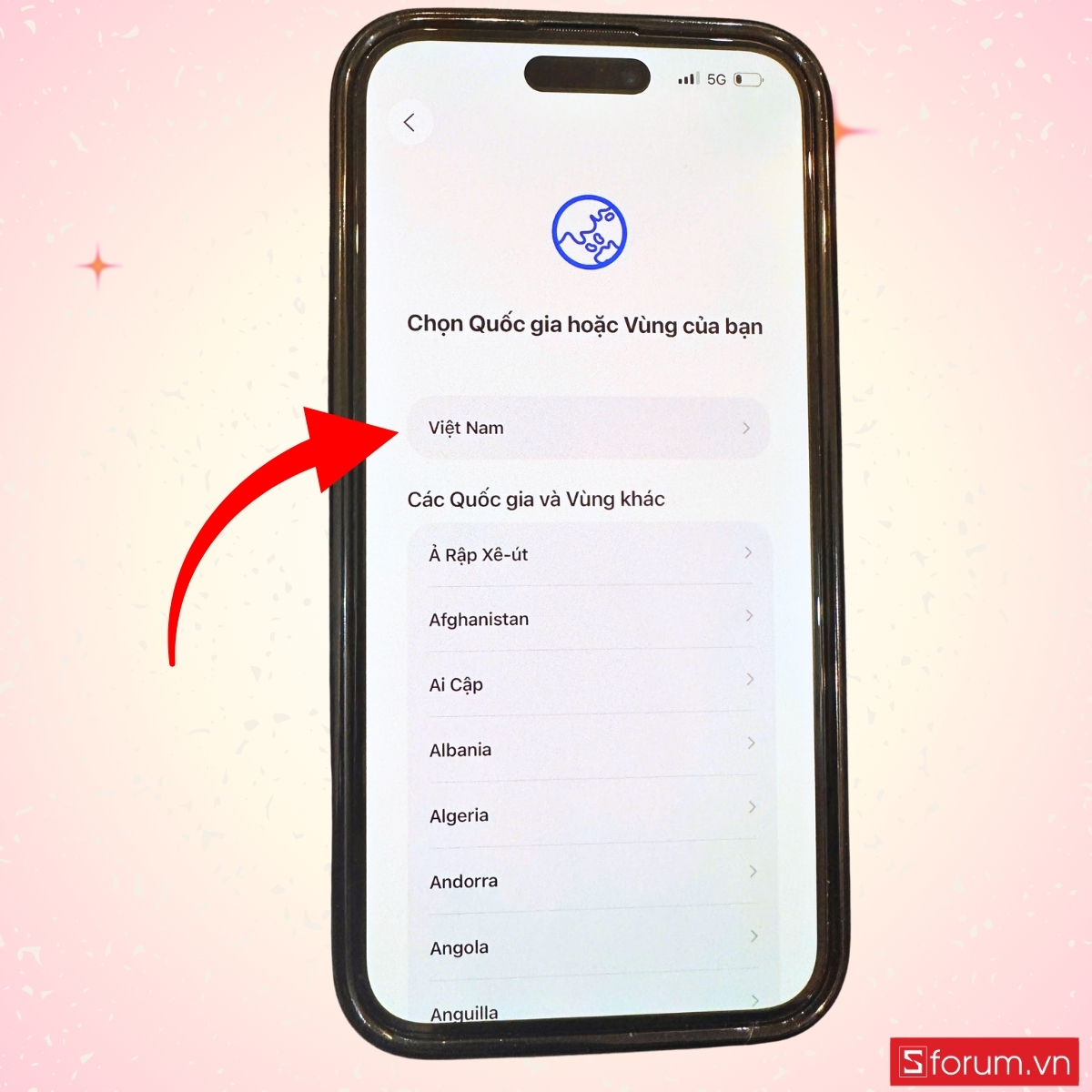 Chọn ngôn ngữ và quốc gia