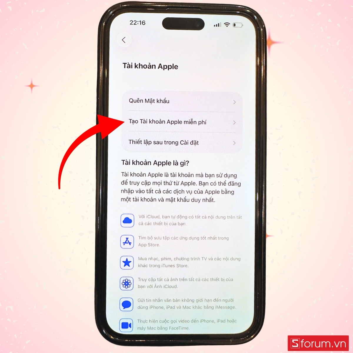 Chọn Tạo tài khoản Apple miễn phí