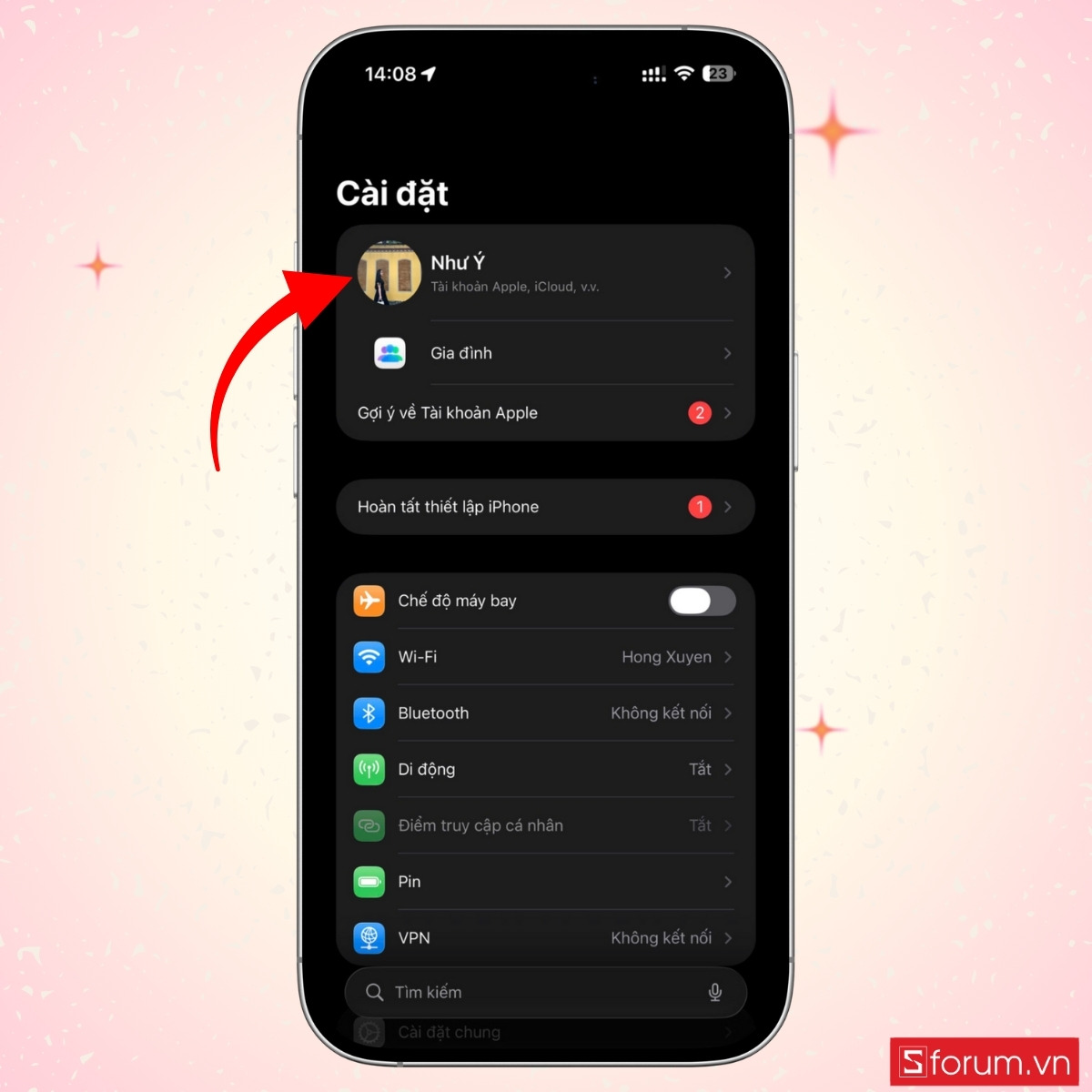 Chọn vào tên tài khoản iCloud ở đầu